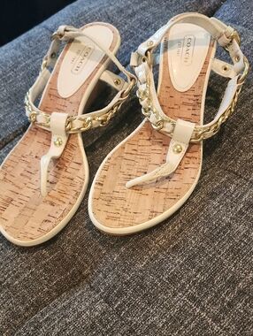 Coach Ivory Leather Thong Sandals with Gold Chain